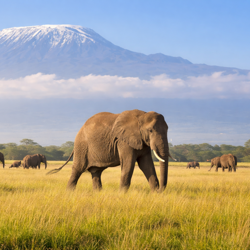 Amboseli elephants with Kilimanjaro backdrop — iconic Kenya safari image